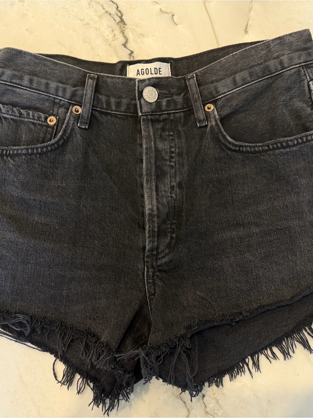Agolde Washed Black Frayed Denim Shorts